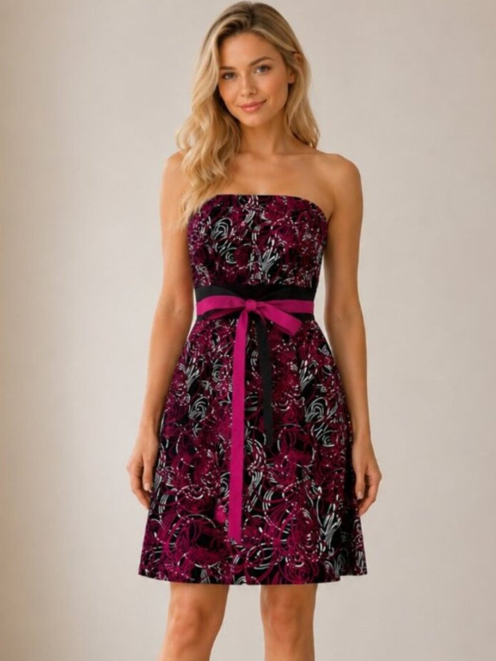 LOFT Strapless Pink Black Swirl Print Dress